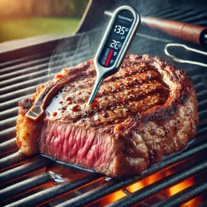  perfectly cooked medium ribeye steak on the grill, as described! It captures the steak with a crispy crust and juicy pink center, along with a thermometer reading the ideal 135°F temperature.