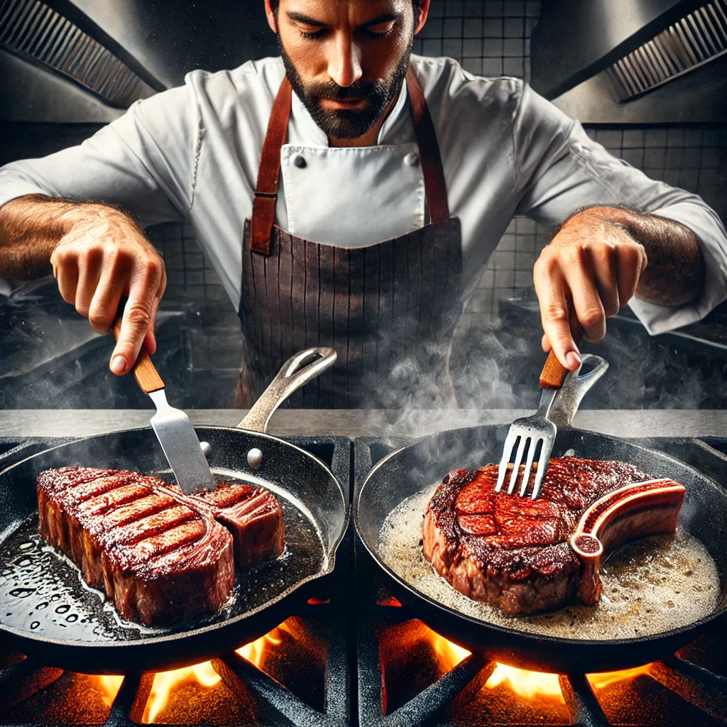 a chef cooking a New York strip and ribeye side by side, each sizzling in its own pan. The high heat brings out the textures: the New York strip is lean, developing a golden crust, while the ribeye’s fat melts into the pan, giving off that rich, buttery aroma